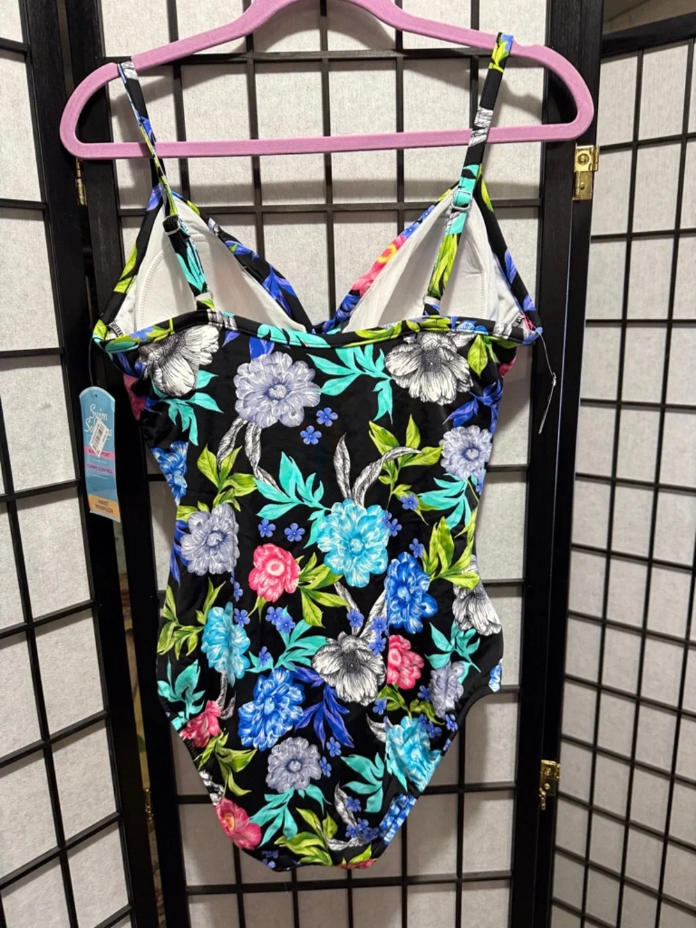 Swim Solutions Black One-Piece Swimsuit with Blue, Pink Floral Print Size 16 - Picture 2 of 5